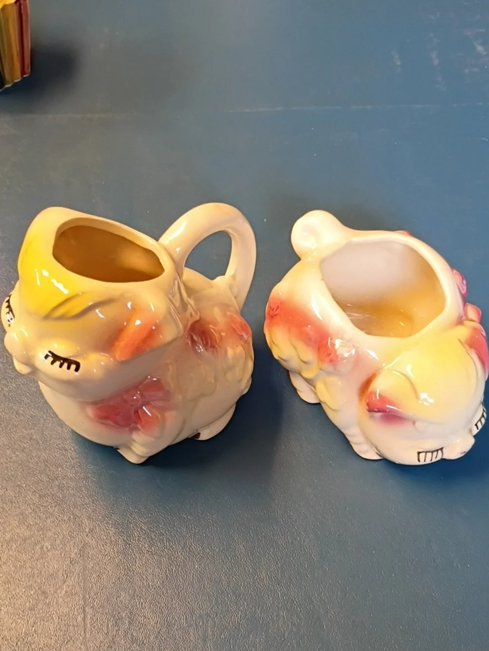 Vintage Smiley Pig Creamer and Sugar Set - Yellow and Pink